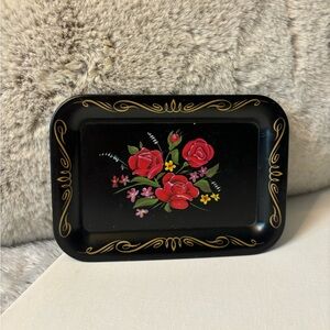 Vintage Small Black Toleware Pepsi Cola Metal Floral Tray Trinket Dish